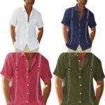 A variety of Men’s Casual Cuban Shirts in multiple colors, showcasing short sleeves, a relaxed fit, button-down design, and soft collars, perfect for a stylish summer wardrobe.