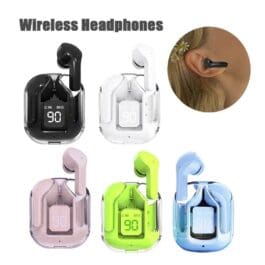 Compact Mini Wireless Bluetooth Headset in various colors with digital battery display, showcased with a close-up of an individual using the black version, highlighting the product’s sleek design and portability.