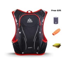 A black and red running water bag backpack sports vest with reflective strips and multiple storage compartments, displayed against a white background. The product is accompanied by a free gift of a portable cup and an orange whistle.