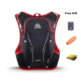 A black and red running water bag backpack sports vest with reflective strips and multiple storage compartments, displayed against a white background. The product is accompanied by a free gift of a portable cup and an orange whistle.