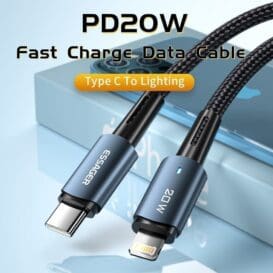 High-Speed Mobile Phone Data Charging Cable with PD20W fast charge capability, featuring a durable black cable and USB-C connector, against a blurred background of a charging adapter.