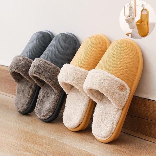 Cozy winter home slippers in yellow, gray, and beige, lined up on a wooden floor, offering warmth and comfort during cold seasons.