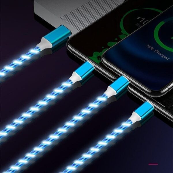 Multifunctional 3-in-1 Streamer Data Cable with glowing LED lights connected to multiple devices on a dark background, showcasing versatility and modern design.