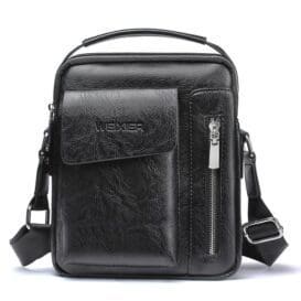 Casual Portable Men’s Messenger Bag featuring a sleek black leather exterior with a prominent front pocket, sturdy handle, and an adjustable shoulder strap for easy carrying.