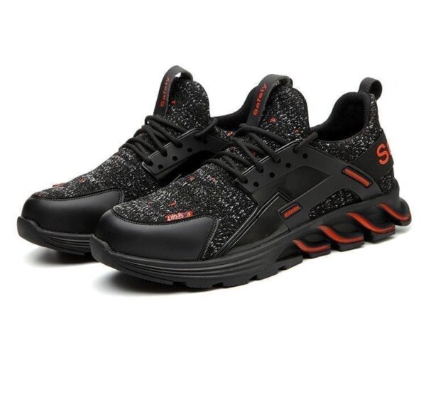 Black and orange men's sneakers designed for labor, featuring a protective toe for safety and comfort on the job.