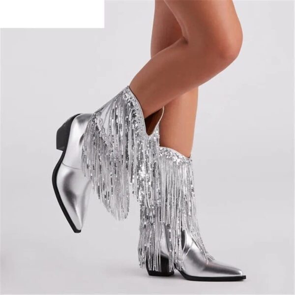 Silver chunky heel tassel boots featuring stylish fringe tassels on the side, perfect for adding flair to any outfit.