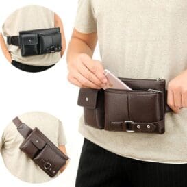 Men’s Belt Bag Classic PU Leather Waist Bag featuring a sleek design with multiple compartments, showcased on a mannequin torso for scale and functionality, ideal for secure and stylish storage on the go.