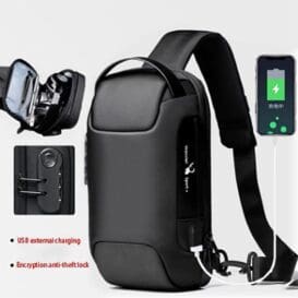 Sleek black waterproof USB anti-theft crossbody bag with external USB charging port and ergonomic shoulder strap, displayed against a white background. The image highlights the bag’s features, including the ability to charge a phone externally and its secure design.