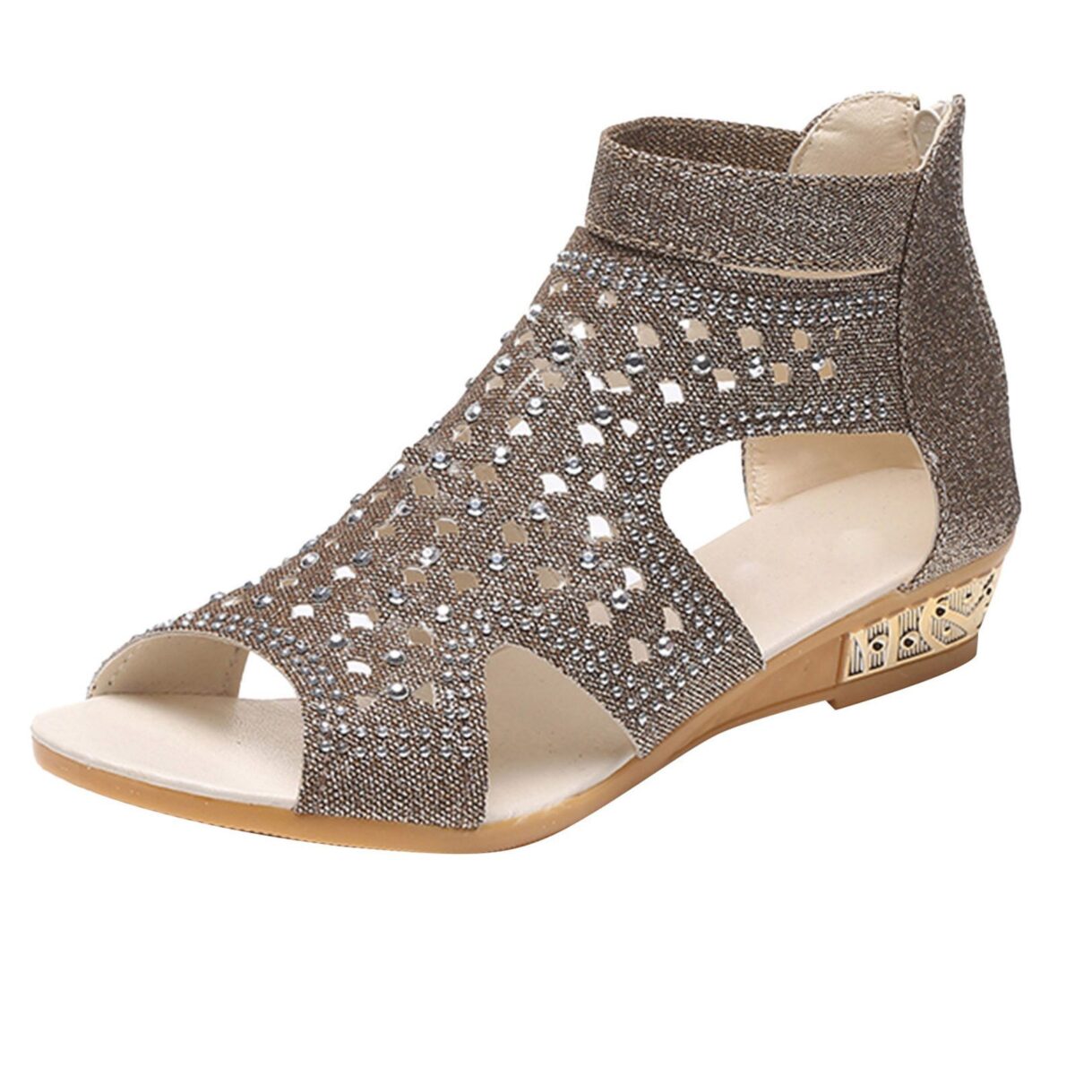 <ul> <li><strong>Glamorous Rhinestone Detail:</strong> Sparkles with every step.</li> <li><strong>Peep-Toe Design:</strong> Keeps your feet cool and stylish.</li> <li><strong>Back Zip Closure:</strong> Easy to put on and remove.</li> <li><strong>Flexible PU Material:</strong> Comfortable and durable for all-day wear.</li> <li><strong>Available in Three Colors:</strong> Black, Beige, Gold.</li> </ul>