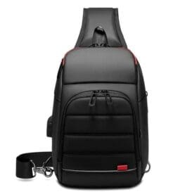 A sleek men’s chest bag designed for outdoor leisure, featuring a single shoulder strap design, multiple zippered compartments for organized storage, and a compact black exterior with subtle red detailing