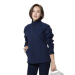 Solid color sports outdoor jacket in navy blue with a stand-up collar, zippered front, and side pockets, suitable for active wear.