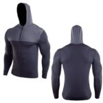 a men's long-sleeved Training yoga hooded clothes with a full-length zipper. The hoodie is a dark gray color with a darker gray contrast panel on the sleeves.