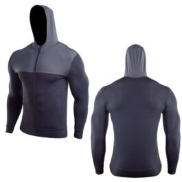 a men's long-sleeved Training yoga hooded clothes with a full-length zipper. The hoodie is a dark gray color with a darker gray contrast panel on the sleeves.