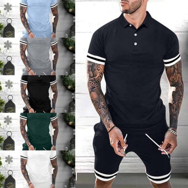 A collage showcasing a variety of Men’s Summer Short Sets, featuring coordinated t-shirt and shorts outfits in multiple colors including black, white, blue, and green.