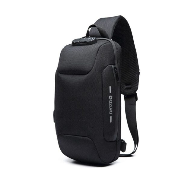 “Black multifunctional anti-theft waterproof shoulder bag with USB charging port.” This description highlights the bag’s features, including its anti-theft design, waterproof material, and convenient USB port for charging devices.