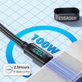 Fast Charging Digital Display Data Cable with 100W power capability, featuring a clear LCD screen showing voltage and current, USB-C connector, and durable cable design on a geometric patterned background.