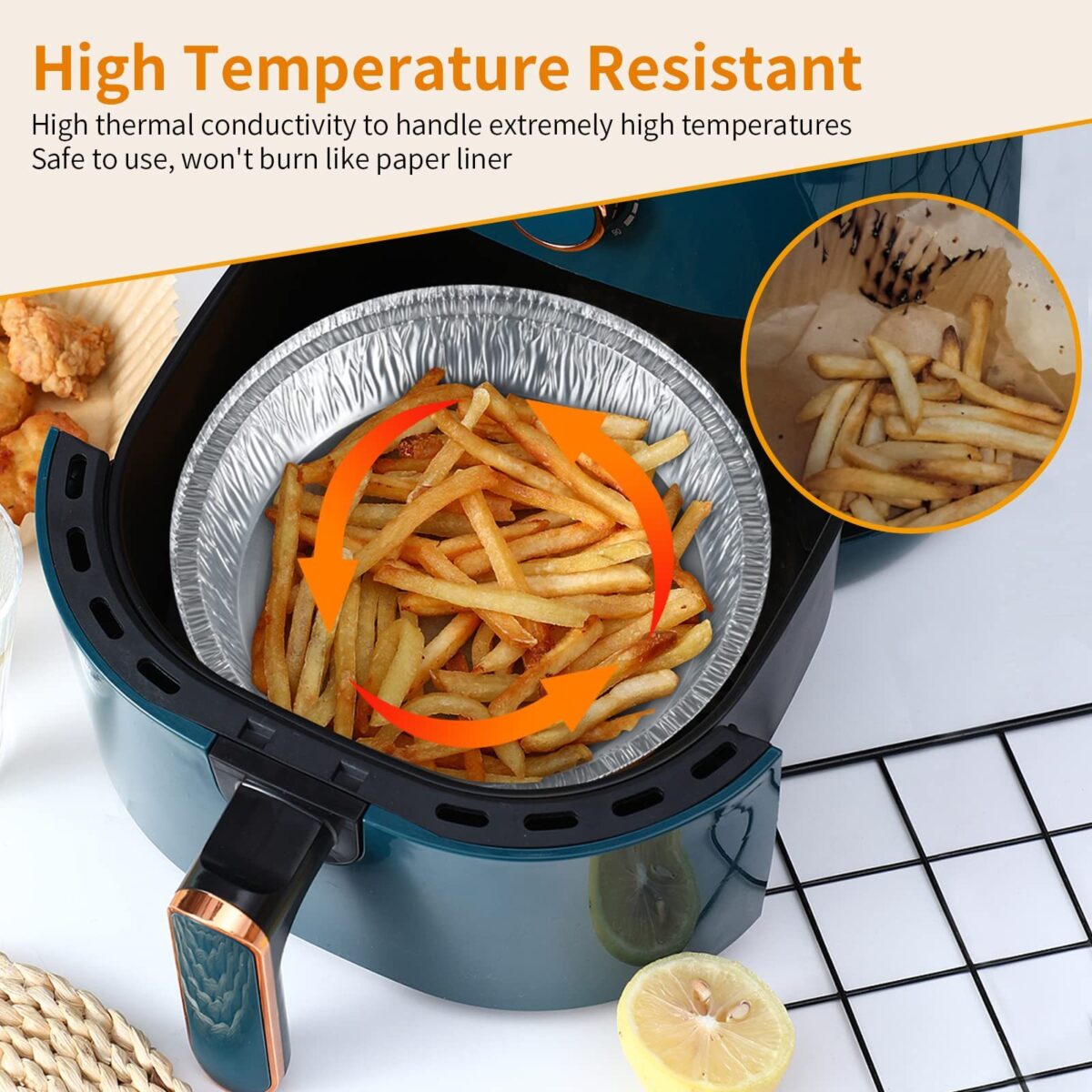 <ul> <li><strong>Premium Quality</strong>: Food-grade aluminum foil, non-stick and heat-resistant.</li> <li><strong>Easy Cleanup</strong>: Disposable liners for mess-free cooking and grilling.</li> <li><strong>Versatile Use</strong>: Suitable for air fryers, ovens, BBQs, and more.</li> <li><strong>Eco-Friendly</strong>: Recyclable liners in various sizes=