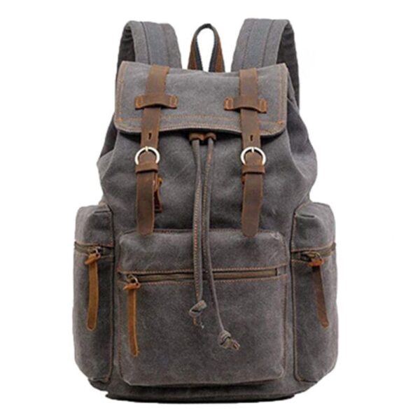 Vintage-inspired European large-capacity canvas backpack with leather straps and secure buckle closures, featuring multiple pockets and a stylish retro design.