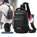 Sleek black waterproof USB anti-theft crossbody bag with external USB charging port and ergonomic shoulder strap, displayed against a white background. The image highlights the bag’s features, including the ability to charge a phone externally and its secure design.