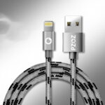 1 Meter Universal Data Cable with USB and Lightning connectors coiled neatly against a gradient background, highlighting its compatibility and length.