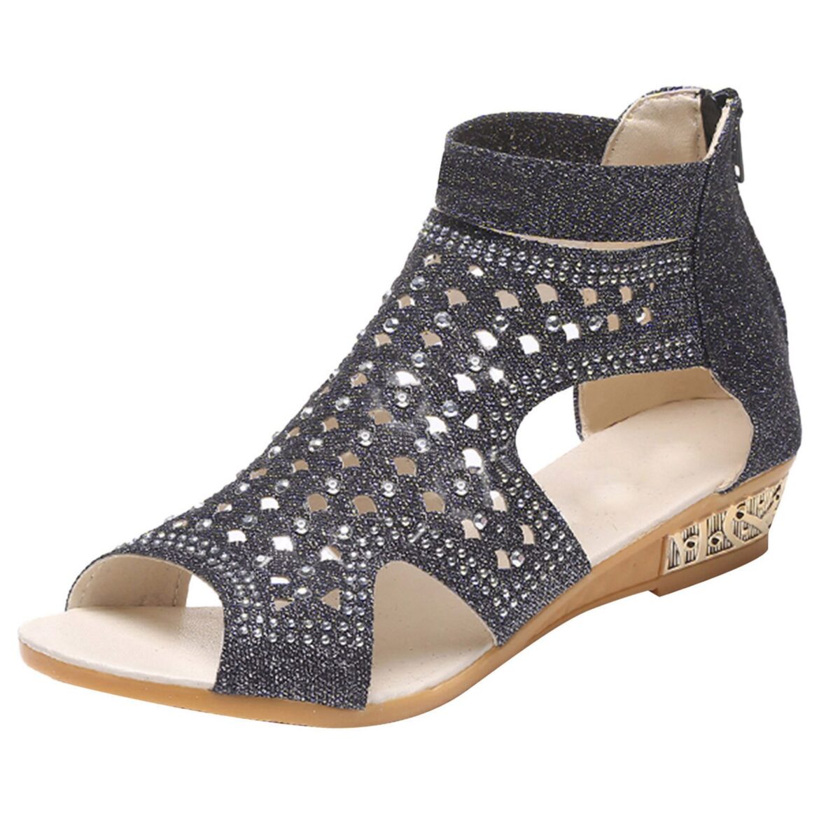 <ul> <li><strong>Glamorous Rhinestone Detail:</strong> Sparkles with every step.</li> <li><strong>Peep-Toe Design:</strong> Keeps your feet cool and stylish.</li> <li><strong>Back Zip Closure:</strong> Easy to put on and remove.</li> <li><strong>Flexible PU Material:</strong> Comfortable and durable for all-day wear.</li> <li><strong>Available in Three Colors:</strong> Black, Beige, Gold.</li> </ul>