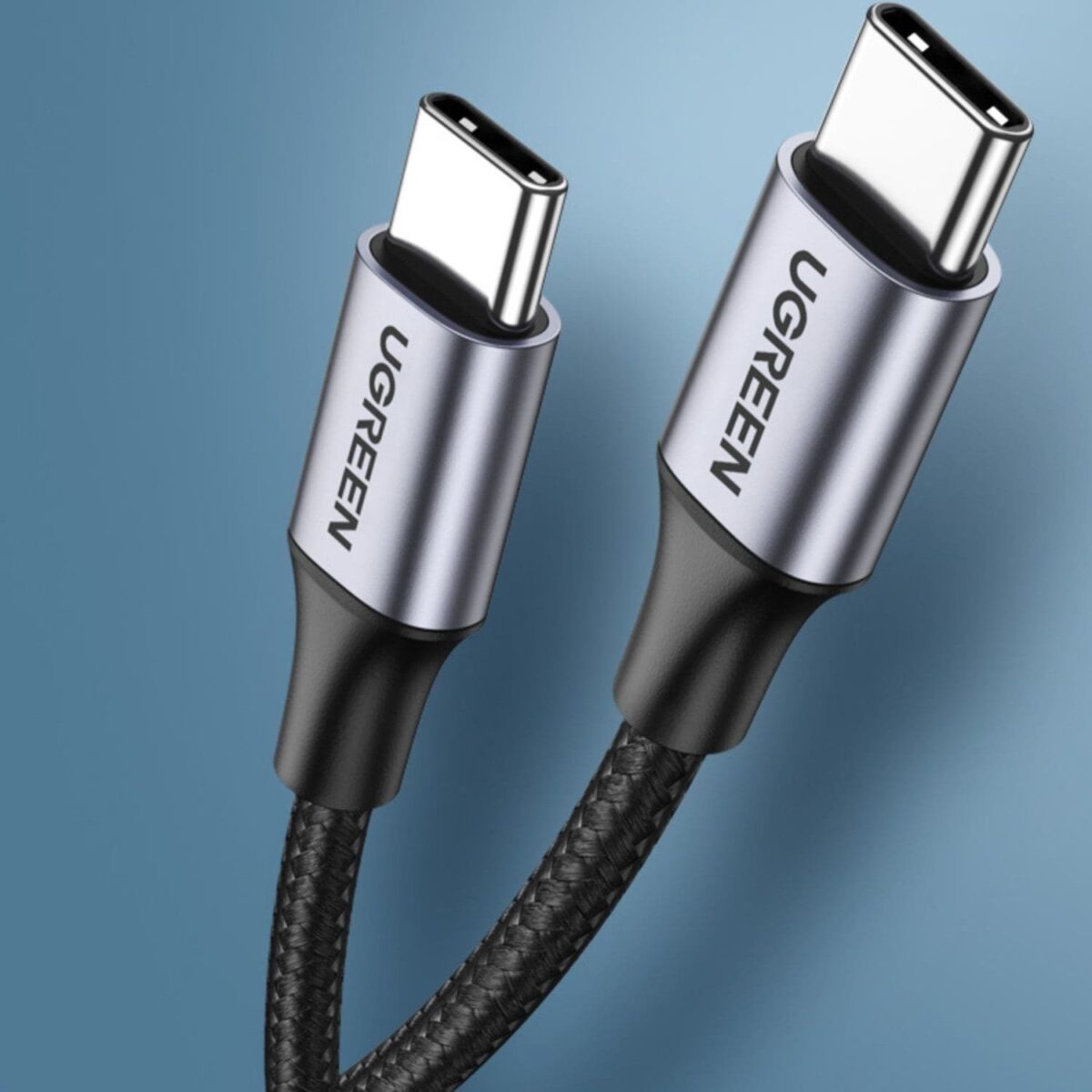 Durable Double-ended Type-C Data Cable on a blue gradient background, showcasing the reversible connector design.