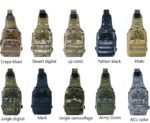 Variety of tactical shoulder bags for outdoor sports displayed in multiple colors and camouflage patterns, including khaki, desert digital, CP color, python black, ACU digital, black, jungle camouflage, and army green.