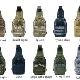 Variety of tactical shoulder bags for outdoor sports displayed in multiple colors and camouflage patterns, including khaki, desert digital, CP color, python black, ACU digital, black, jungle camouflage, and army green.