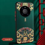 Huawei Mate40 Chinese Style Phone Case featuring traditional dragon pattern in gold and red on a green background, with circular camera cutout.