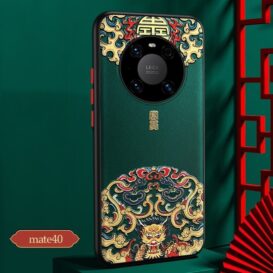 Huawei Mate40 Chinese Style Phone Case featuring traditional dragon pattern in gold and red on a green background, with circular camera cutout.