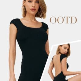 Woman in a black, cap-sleeved, backless slim-fit jumpsuit. The text "OOTD" is written above.