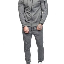 Men's Fitness Sports Suit - Grey Two-Piece Workout Outfit with Zipper Jacket