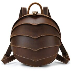 Vintage Leather Creative Backpack featuring a unique shell-like design with multiple curved horizontal layers, rich brown color, and adjustable straps, ideal for stylish storage on the go.