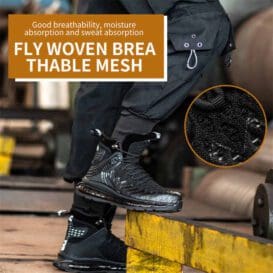 A person wearing black mesh work Smash-Resistant boots with a focus on the material, highlighted as breathable, in an industrial setting.