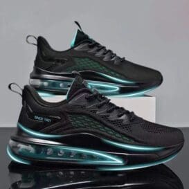 A pair of black sports sneakers with teal accents and air cushion soles displayed on a reflective surface.