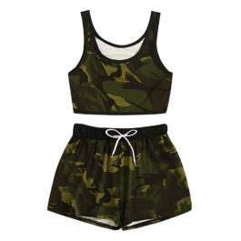 two-piece comfortable sports bra set in a camouflage pattern. It consists of a tank top with thin shoulder straps and a relaxed fit, paired with shorts that have a drawstring waist.