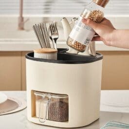 Modern large-capacity kitchen storage holder filled with utensils and condiments, showcasing an efficient organization solution for home cooks.