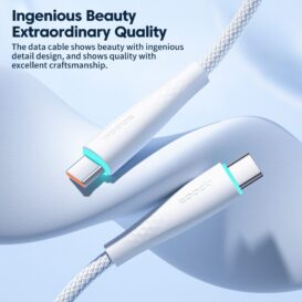 Durable 100W USB Type-C to USB-C Cable showcasing sleek design against a soft blue background, emphasizing high-quality construction for efficient charging and data transfer.