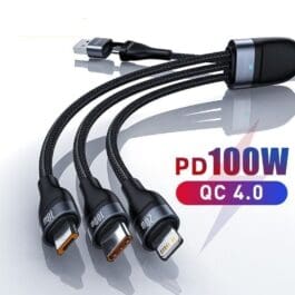 3-in-1 USB-C Cable 100W with multiple connectors for high-speed charging and data transfer, featuring Power Delivery (PD) and Quick Charge (QC) 4.0 technology.