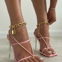 Lock Chain Style Stiletto High Heel Sandals featuring elegant ankle lock chain, slim stiletto heels, and delicate pink straps.