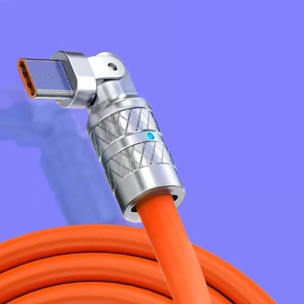 Close-up of a Fast Charge Zinc Alloy Elbow Data Cable with a durable orange cable and a metallic elbow-shaped USB connector against a blue background, highlighting its robust design for efficient charging and data transfer.