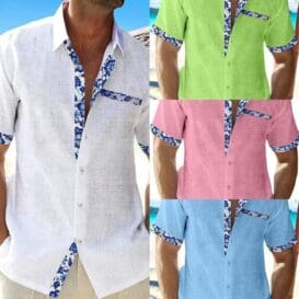 A collection of men’s summer casual shirts in various bright colors, featuring short sleeves and lightweight fabrics, perfect for staying cool and stylish during warm weather.