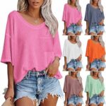 Collection of V-Neck Summer Shirts for Women in various colors, including pink, white, grey, orange, and green, displayed on mannequins paired with denim shorts.