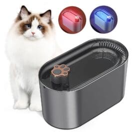 Sleek black 3L Cat Water Fountain with a long-haired cat behind it, showcasing additional red and blue color options.