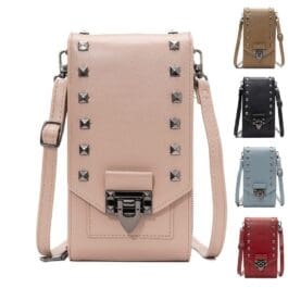 A collection of Rivet Design Shoulder Bags in various colors is displayed. The central bag, in a pale pink hue, boasts a structured, rectangular shape with a flap closure adorned by a silver metallic clasp.