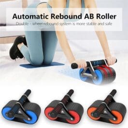 Double Wheel Abdominal Exerciser with automatic rebound system for stability and safety, showcased in multiple colors.