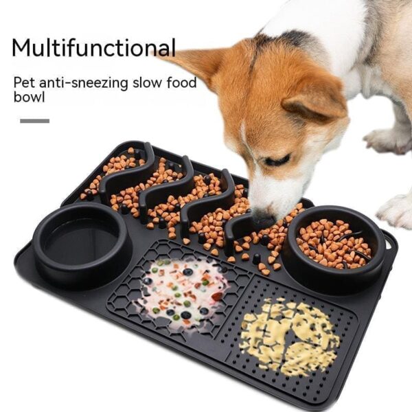 A dog interacts with a multifunctional Dog Silicone Licking Pad, featuring separate compartments for food and treats to promote slow feeding and prevent choking.