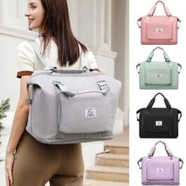 The image showcases a collection of folding travel bags. The main focus is on a person carrying a gray folding travel bag over their shoulder. In the background, four additional bags are displayed in pink, green, black, and lavender colors, each framed separately.