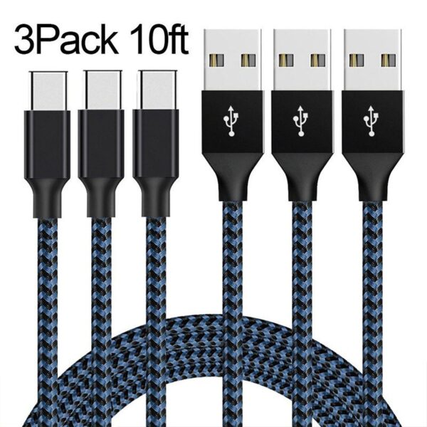 Three-pack of 10ft Braided Nylon USB Charging Cables for Apple with USB to Lightning connectors, showcasing durability and extended length for convenient use.