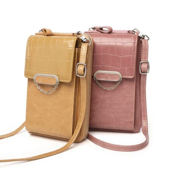 Two mobile phone bags for women are displayed side by side against a white background. The first bag is a light tan color, while the second one is a muted pink.